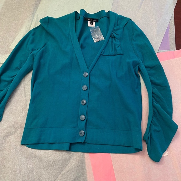 NWT! Neiman Marcus Tag! Nanette Lepore Teal Bow Cardigan SMALL - Picture 14 of 14